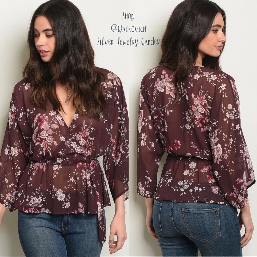 Size Small: Sheer Plum Floral Blouse Top
